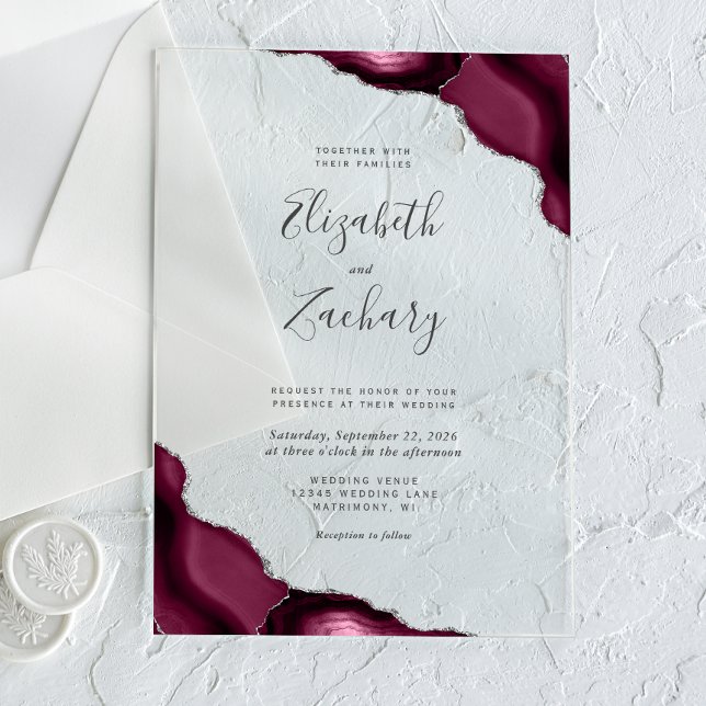 Modern Burgundy Silver Agate Corners Wedding Acrylic Invitations (Creator Uploaded)