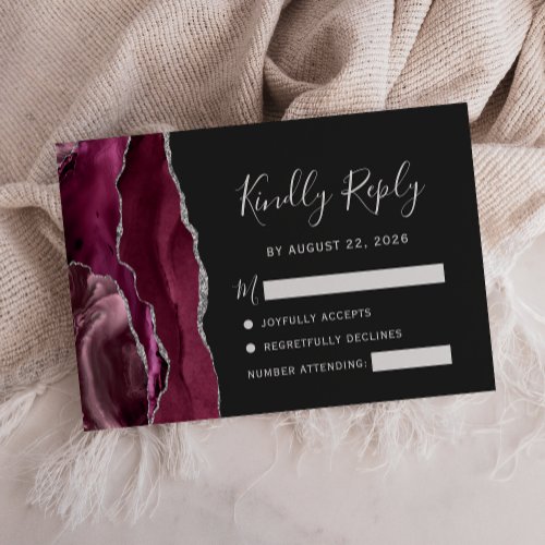 Modern Burgundy Silver Agate Dark Wedding RSVP Card