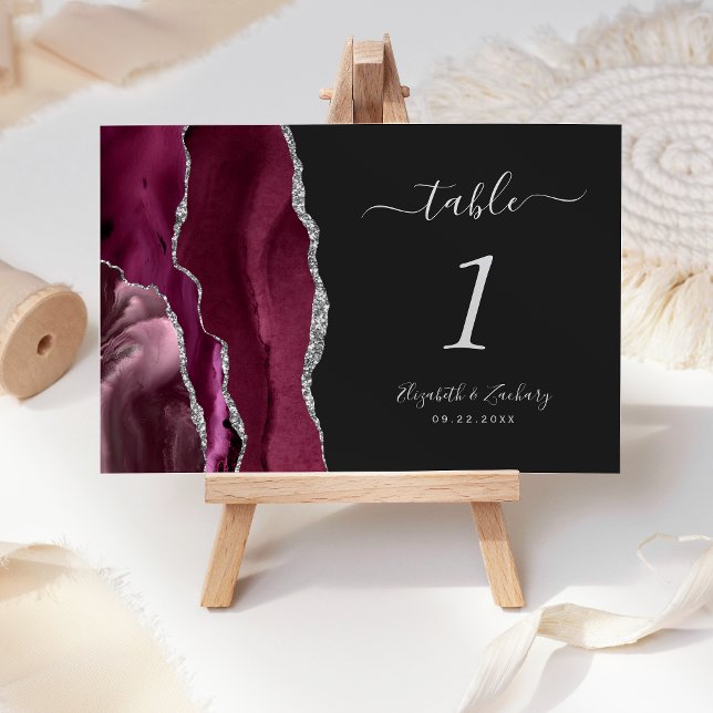 Modern Burgundy Silver Agate Dark Wedding Table Number (Creator Uploaded)