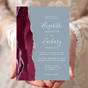 Modern Burgundy Silver Agate Dusty Blue Wedding Invitation