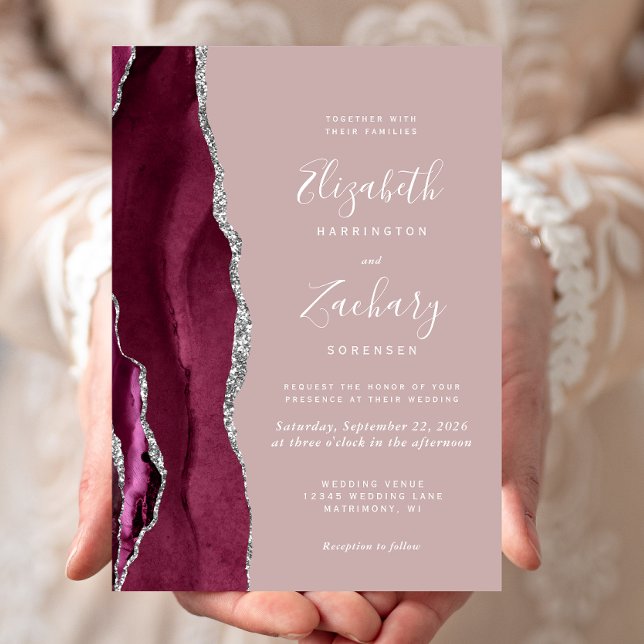 Modern Burgundy Silver Agate Dusty Rose Wedding Invitation (Creator Uploaded)