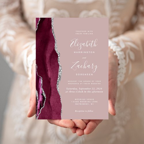 Modern Burgundy Silver Agate Dusty Rose Wedding Invitation