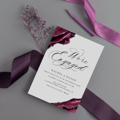 modern burgundy silver agate engagement party invitation