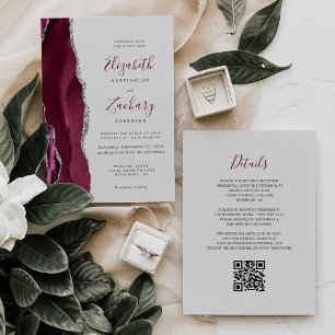 Modern Burgundy Silver Agate Gray QR Code Wedding Invitation
