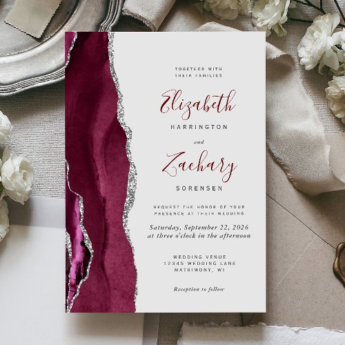 Modern Burgundy Silver Agate Light Gray Wedding Invitation