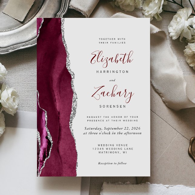 Modern Burgundy Silver Agate Light Gray Wedding Invitation (Creator Uploaded)