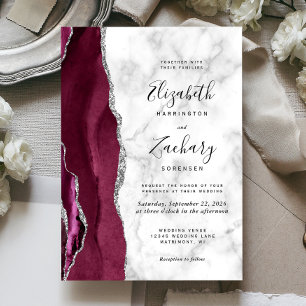 Modern Burgundy Silver Agate Marble Wedding Invitation