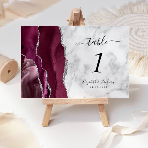 Modern Burgundy Silver Agate Marble Wedding Table Number