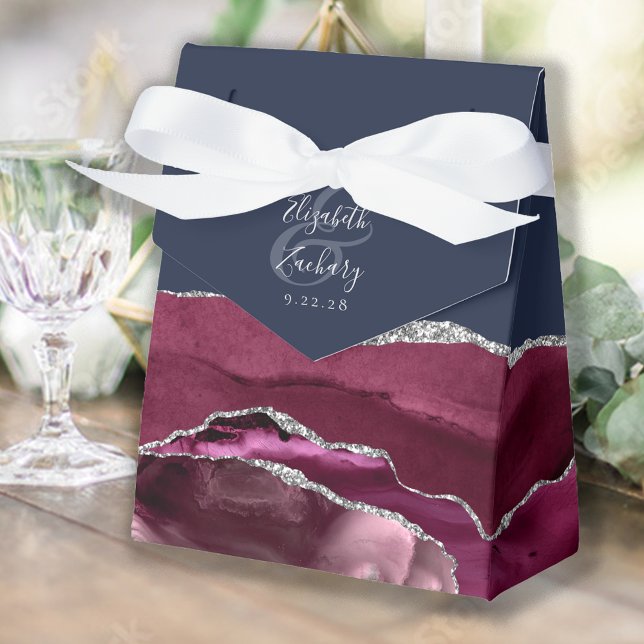 Modern Burgundy Silver Agate Navy Blue Favor Boxes (Creator Uploaded)