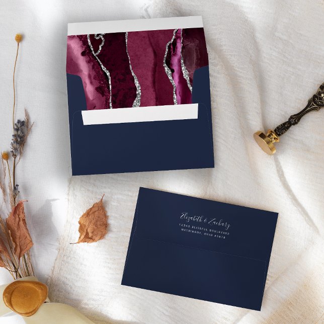 Modern Burgundy Silver Agate Navy Blue Wedding Envelope (Creator Uploaded)