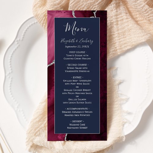 Modern Burgundy Silver Agate Navy Blue Wedding Menu