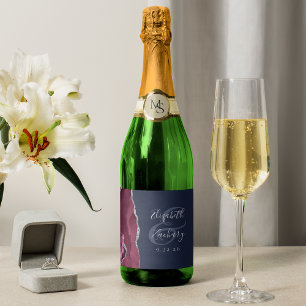 Modern Burgundy Silver Agate Navy Blue Wedding Sparkling Wine Label