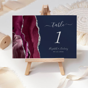 Modern Burgundy Silver Agate Navy Blue Wedding Table Number