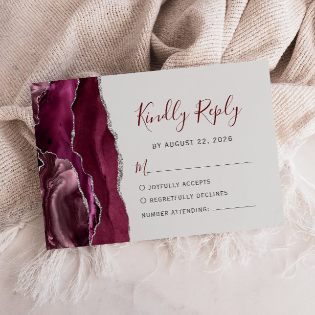 Modern Burgundy Silver Agate Pale Gray Wedding RSVP Card (Creator Uploaded)