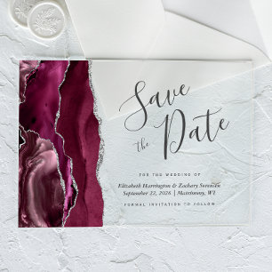 Modern Burgundy Silver Agate Save the Date Card Acrylic Invitations