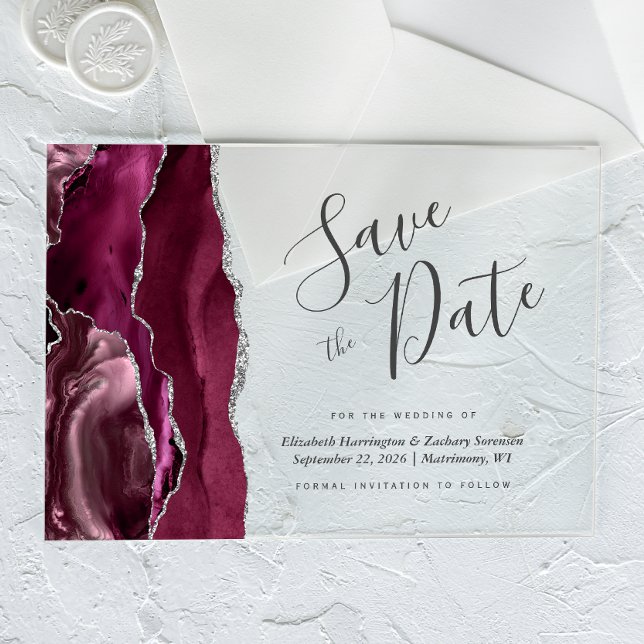 Modern Burgundy Silver Agate Save the Date Card Acrylic Invitations (Creator Uploaded)