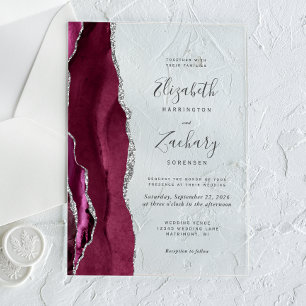 Modern Burgundy Silver Agate Wedding Acrylic Invitations