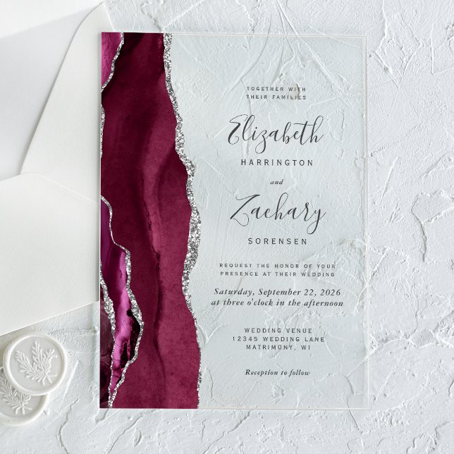 Modern Burgundy Silver Agate Wedding Acrylic Invitations (Creator Uploaded)