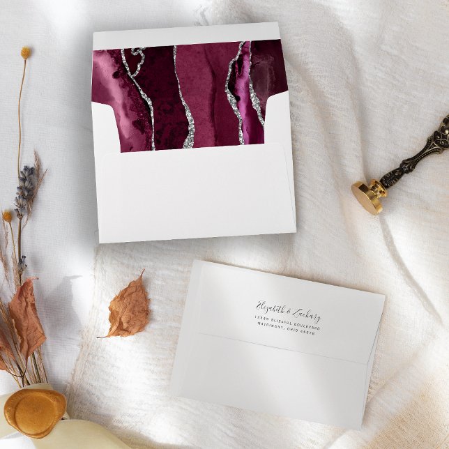 Modern Burgundy Silver Agate Wedding Envelope (Creator Uploaded)