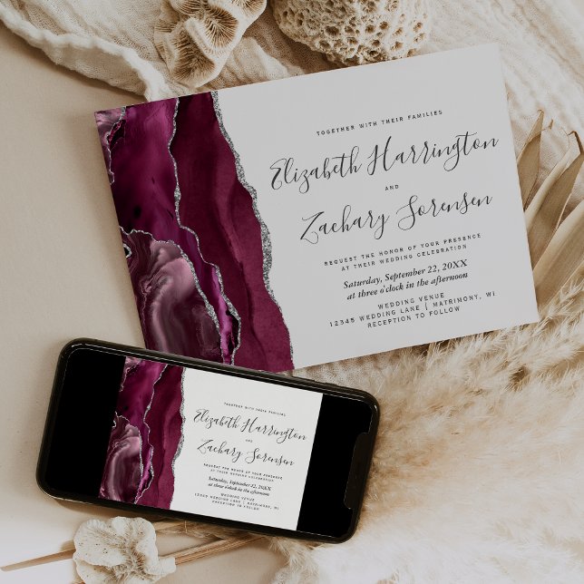 Modern Burgundy Silver Agate Wedding Invitation (Creator Uploaded)