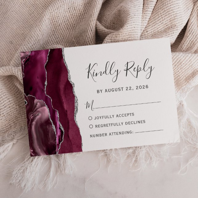 Modern Burgundy Silver Agate Wedding RSVP Card (Creator Uploaded)
