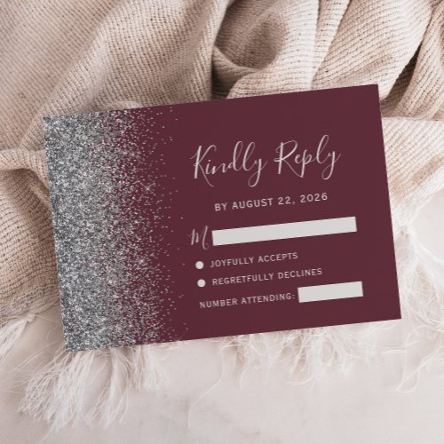 Modern Burgundy Silver Faux Glitter Edge RSVP Card