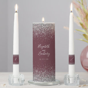 Modern Burgundy Silver Faux Glitter Edge Unity Candle Set