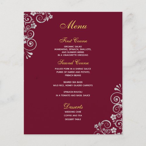 Modern Burgundy Silver Floral Swirls  Wedding Menu