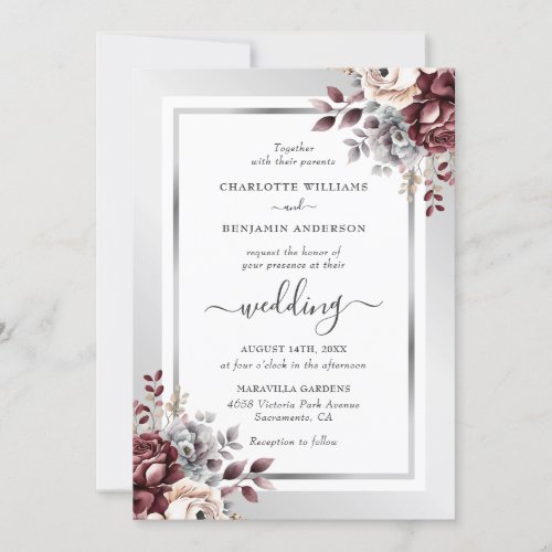 Modern Burgundy Silver Framed Floral Wedding Invitation