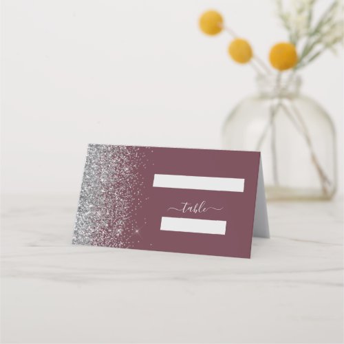 Modern Burgundy Silver Glitter Edge Wedding Place Card