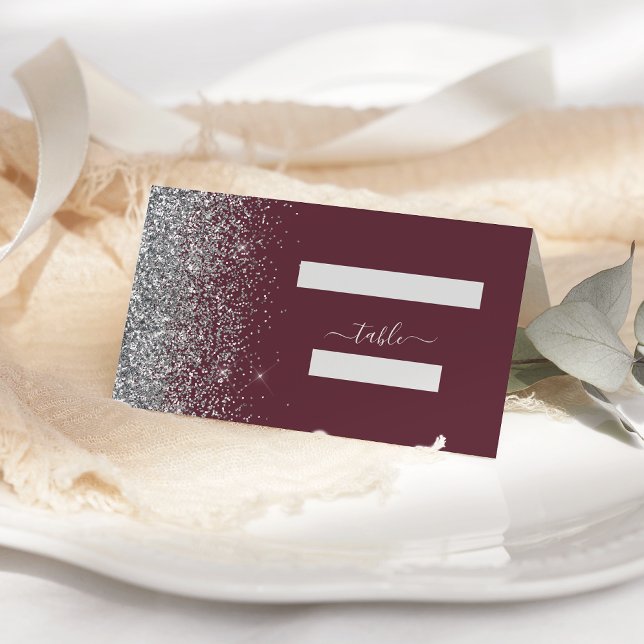 Modern Burgundy Silver Glitter Edge Wedding Place Card (Creator Uploaded)