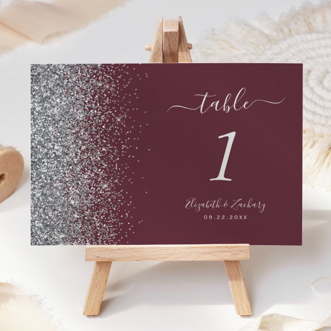 Modern Burgundy Silver Glitter Edge Wedding Table Number (Creator Uploaded)