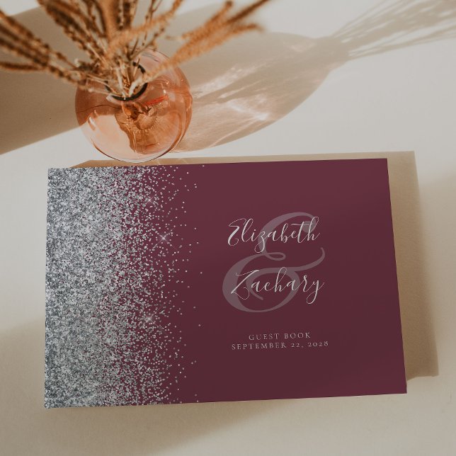 Modern Burgundy Silver Glitter Script Guest Book (Creator Uploaded)