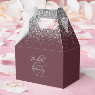 Modern Burgundy Silver Glitter Wedding Favor Boxes