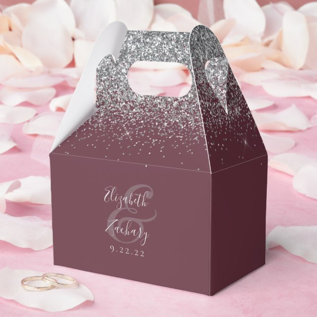 Modern Burgundy Silver Glitter Wedding Favor Boxes (Wedding)