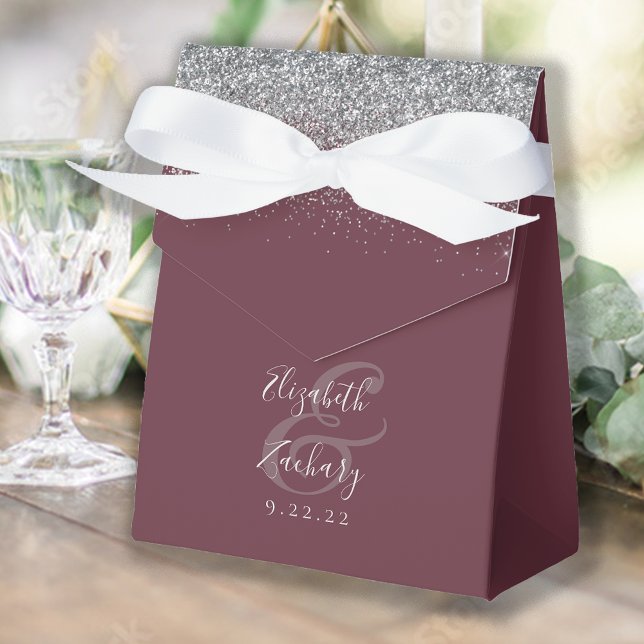 Modern Burgundy Silver Glitter Wedding Favor Boxes (Creator Uploaded)