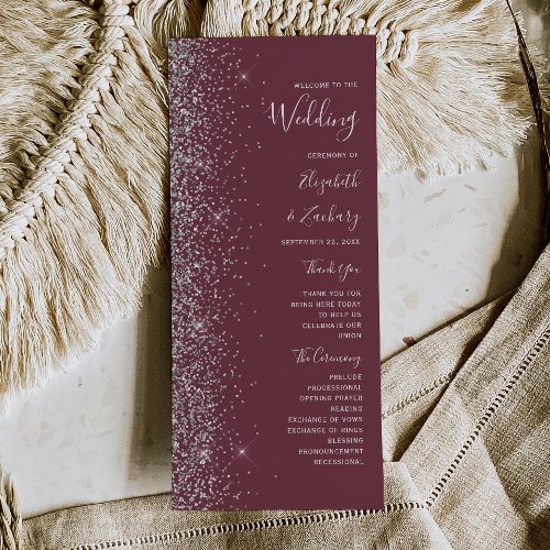 Modern Burgundy Silver Glitter Wedding Program