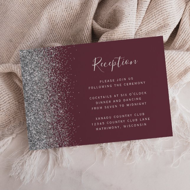Modern Burgundy Silver Glitter Wedding Reception Enclosure Card (Creator Uploaded)