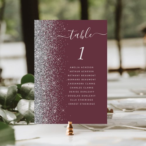 Modern Burgundy Silver Glitter Wedding Table Number