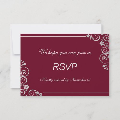 Modern Burgundy Silver Gray Floral  Wedding RSVP