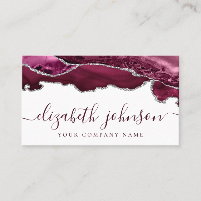Modern Burgundy Silver Gray Glitter Agate Marble Business Card (Front)