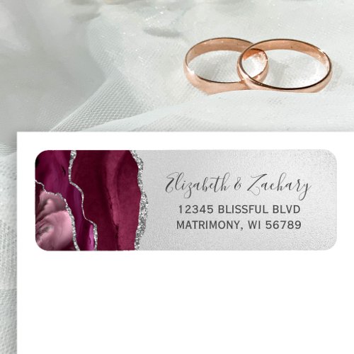 Modern Burgundy Silver Wedding Return Address Label