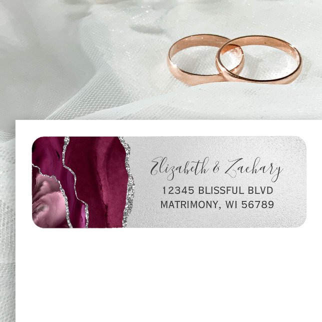 Modern Burgundy Silver Wedding Return Address Label (Creator Uploaded)