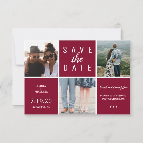 Modern burgundy simple 3 photo collage wedding save the date