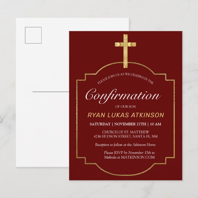 Modern Burgundy Simple Gold Cross Confirmation Invitation Postcard (Front/Back)