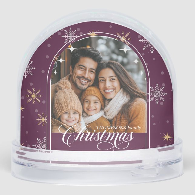 Modern Burgundy Snowflake Christmas Photo Snow Globe (Back)