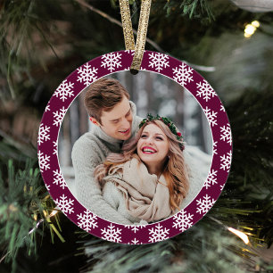 Modern Burgundy Snowflake Our First Christmas Ornament
