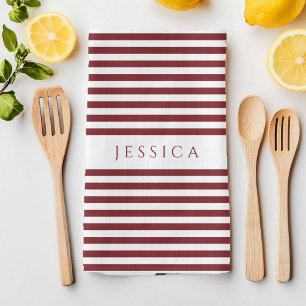 Modern Burgundy Striped Pattern Name Kitchen Towel