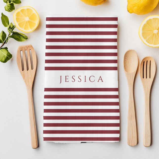 Modern Burgundy Striped Pattern Name Kitchen Towel (Modern Burgundy Striped Pattern Name Kitchen Towel)