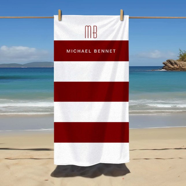 Modern Burgundy Stripes Monogram Beach Towel (Modern Burgundy Stripes Monogram Beach Towel)